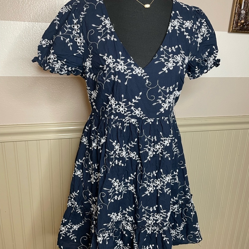 Elegant Navy Blue Floral Mini Dress 100% cotton - Picture 14 of 14